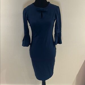Navy Blue Sheath Dress with Mock Neck and Bell Sleeves for Work